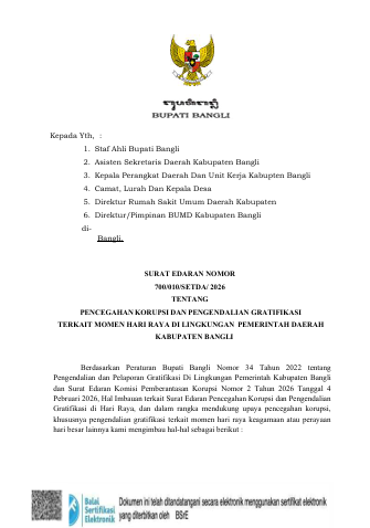 SURAT EDARAN NOMOR 700/010/SETDA/ 2026 TENTANG PENCEGAHAN KORUPSI DAN PENGENDALIAN GRATIFIKASI TERKAIT MOMEN HARI RAYA DI LINGKUNGAN PEMERINTAH DAERAH KABUPATEN BANGLI
